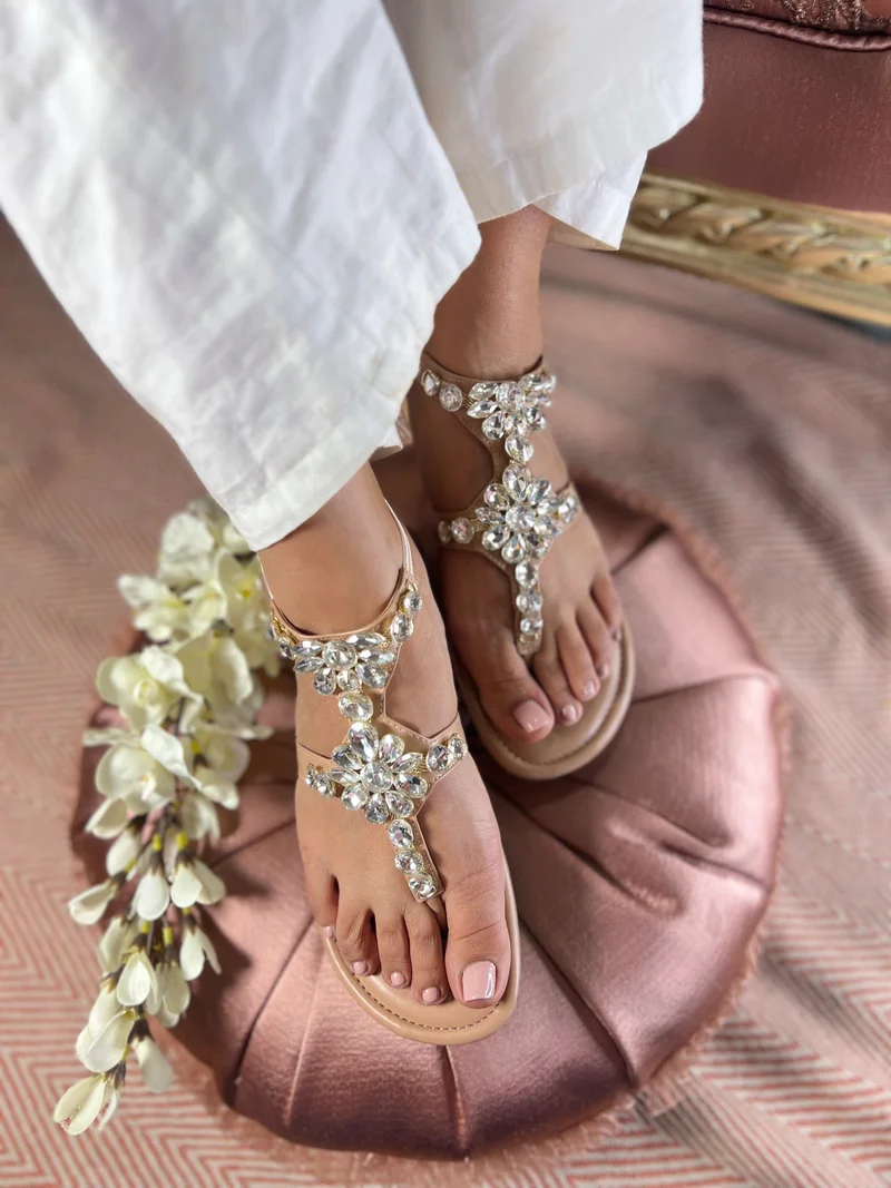 Sandal Stories Beige Crystal Bloom Luxe Flats for Women
