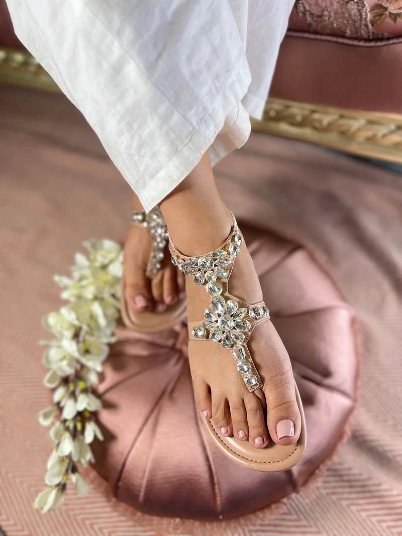 Sandal Stories Beige Crystal Bloom Luxe Flats for Women