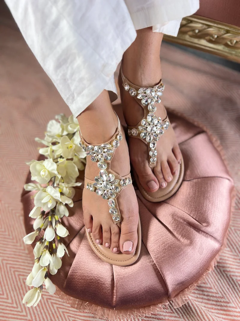 Sandal Stories Beige Crystal Bloom Luxe Flats for Women