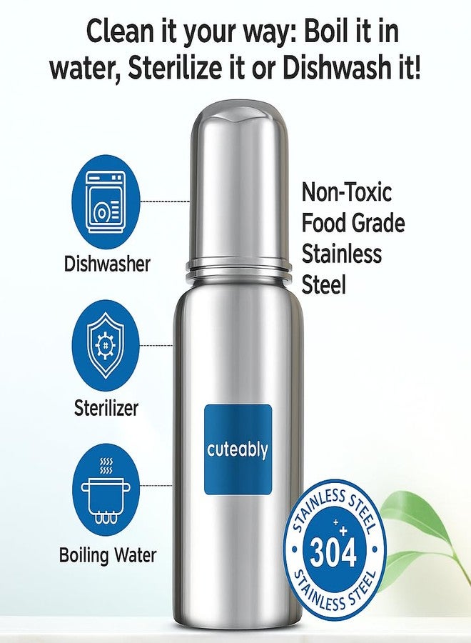 Cuteably 304 Stainless Steel Baby Bottle, Dishwasher Safe, Leak-Proof BPA Free Milk Bottle for Newborns (150 ML) - Image 2