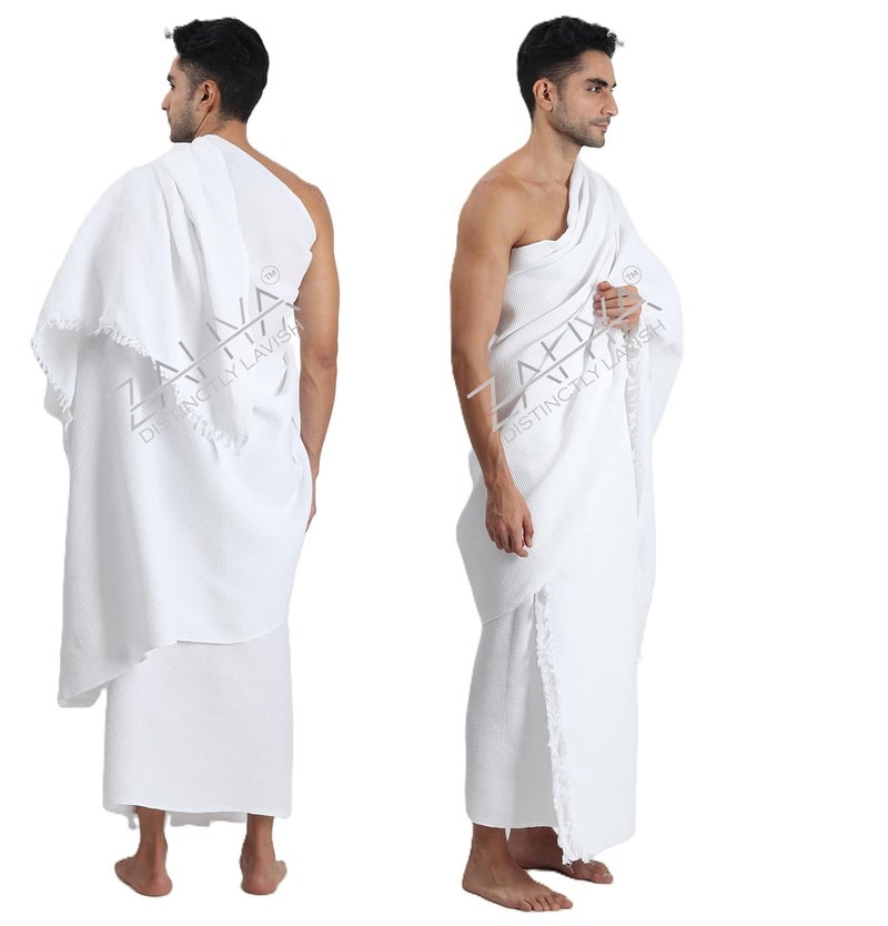 ZAHYA ZAHYA 100 Pure Cotton Mens Ihram for Hajj Umrah Honey Comb Weave Ultra Soft Sweat Absorbent 2 Piece Ihram Ahram Ehram