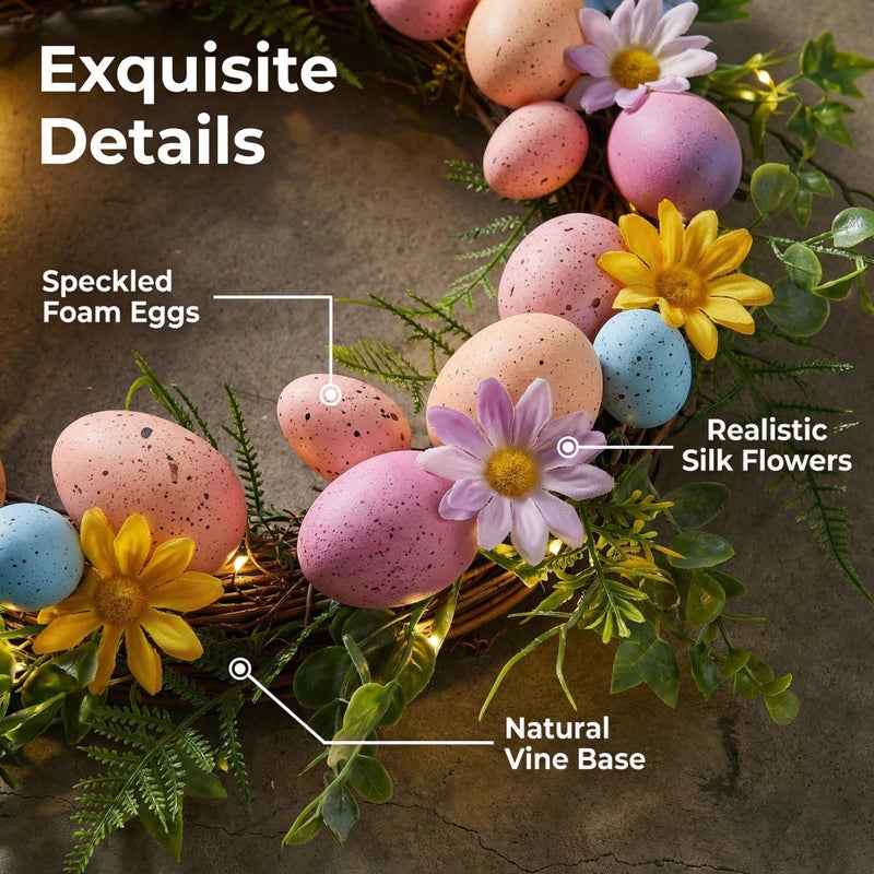 Rotroyce Pastel Easter Wreath for Front Door with Lights, 18 Inch Spring Floral Wreath with Colorful Eggs, Daisy & Eucalyptus Greenery, Farmhouse Easter Door Decor - Image 5