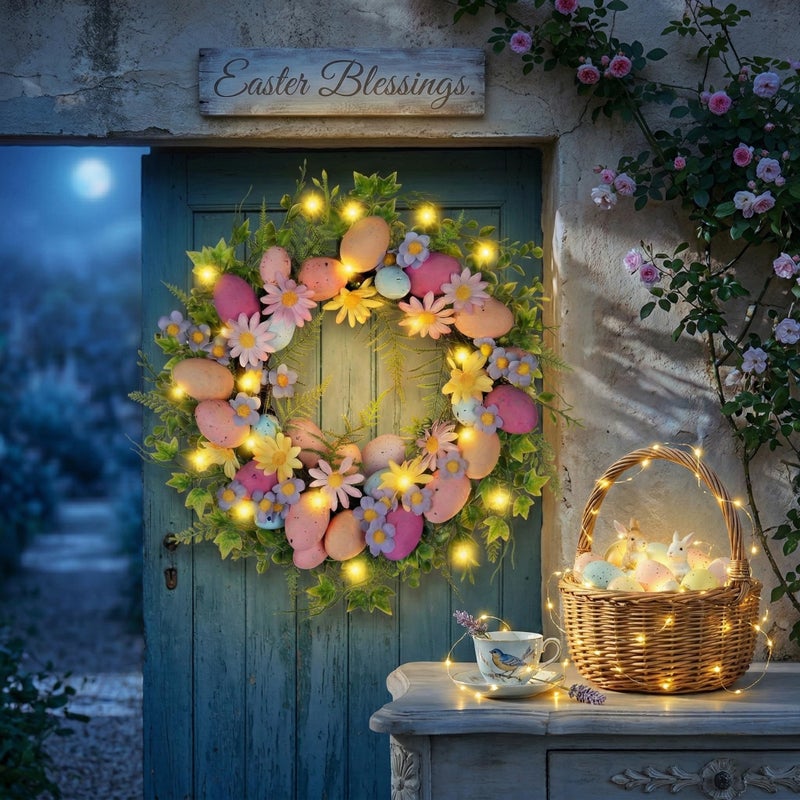Rotroyce Pastel Easter Wreath for Front Door with Lights, 18 Inch Spring Floral Wreath with Colorful Eggs, Daisy & Eucalyptus Greenery, Farmhouse Easter Door Decor - Image 3
