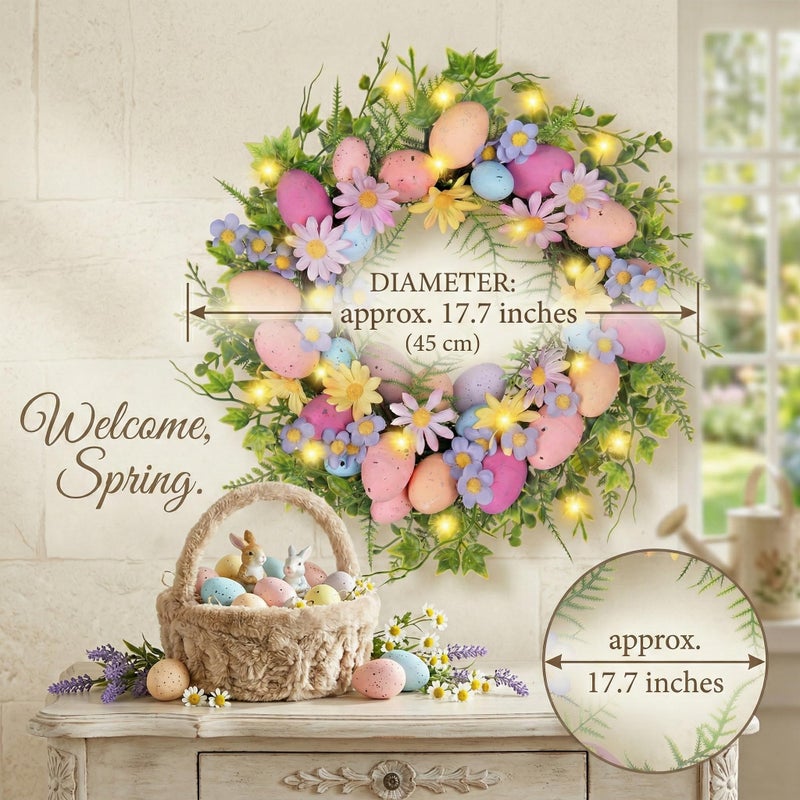 Rotroyce Pastel Easter Wreath for Front Door with Lights, 18 Inch Spring Floral Wreath with Colorful Eggs, Daisy & Eucalyptus Greenery, Farmhouse Easter Door Decor - Image 2