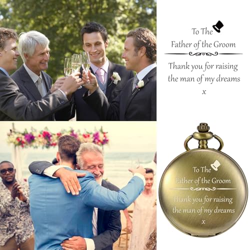 TREEWETO Mens Engraved Pocket Watch Father of The Groom Gifts from Bride - to Dad of Groom Pocket Watches Wedding Gift for Father in Law, Bronze - Image 3