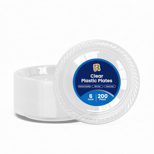 R-kay 200 Pack, 6 Inch Clear Plastic Plates - Heavy Duty Small Dessert Plates - Microwavable Small Appetizer Plates - Image 1