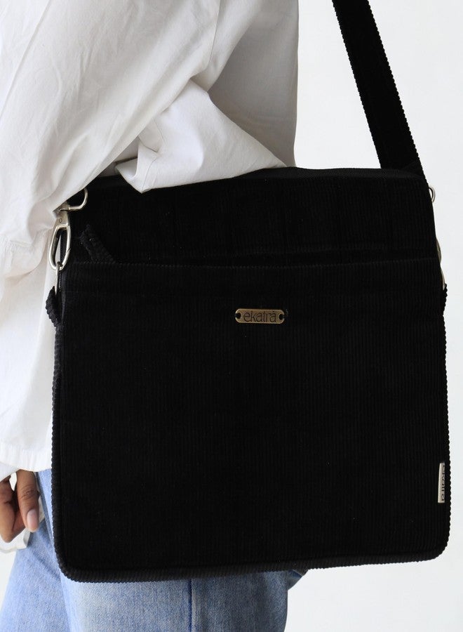 Ekatra Corduroy Laptop Bag for 14 Inch | Handmade Padded Cotton Corduroy Sleeve with Strap & Zipper Pocket | Black - Image 5