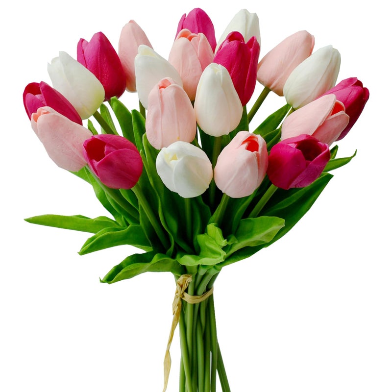 Mandy's Artificial Tulips 20 Stems Shades of Pink PU Faux Flowers for Valentine's Day and Easter Decorations Wedding Home Decor 13.5 Inch - Image 1