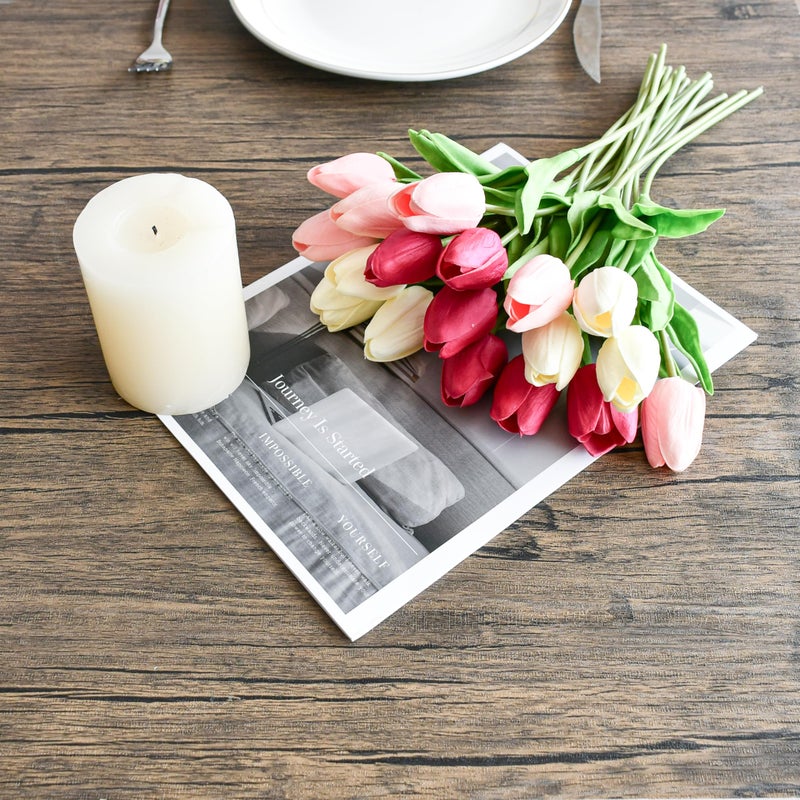 Mandy's Artificial Tulips 20 Stems Shades of Pink PU Faux Flowers for Valentine's Day and Easter Decorations Wedding Home Decor 13.5 Inch - Image 3