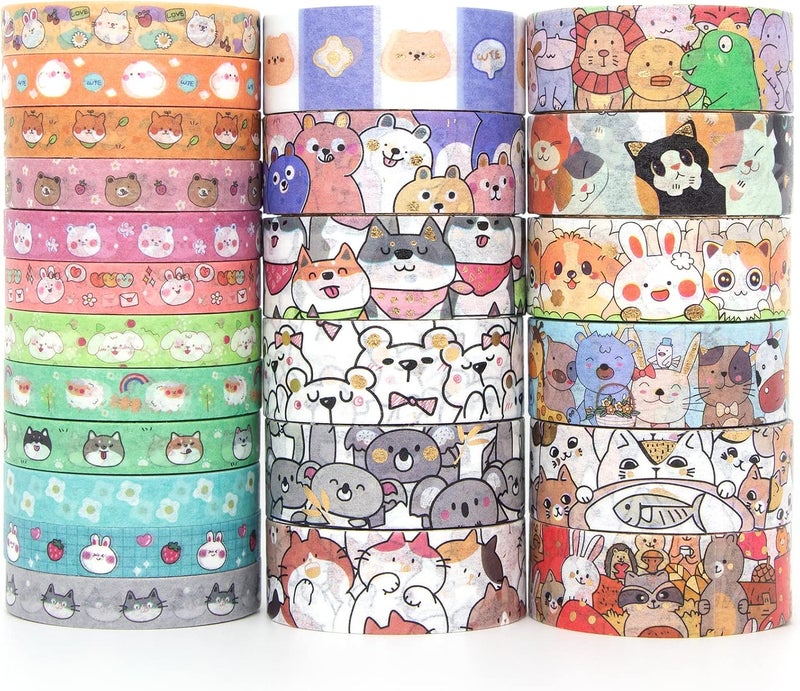 WAPETASHI Cute Washi Tape Set - 24 Rolls Kawaii Animals Gold Foil Decorative Adhesive Tape - Image 1