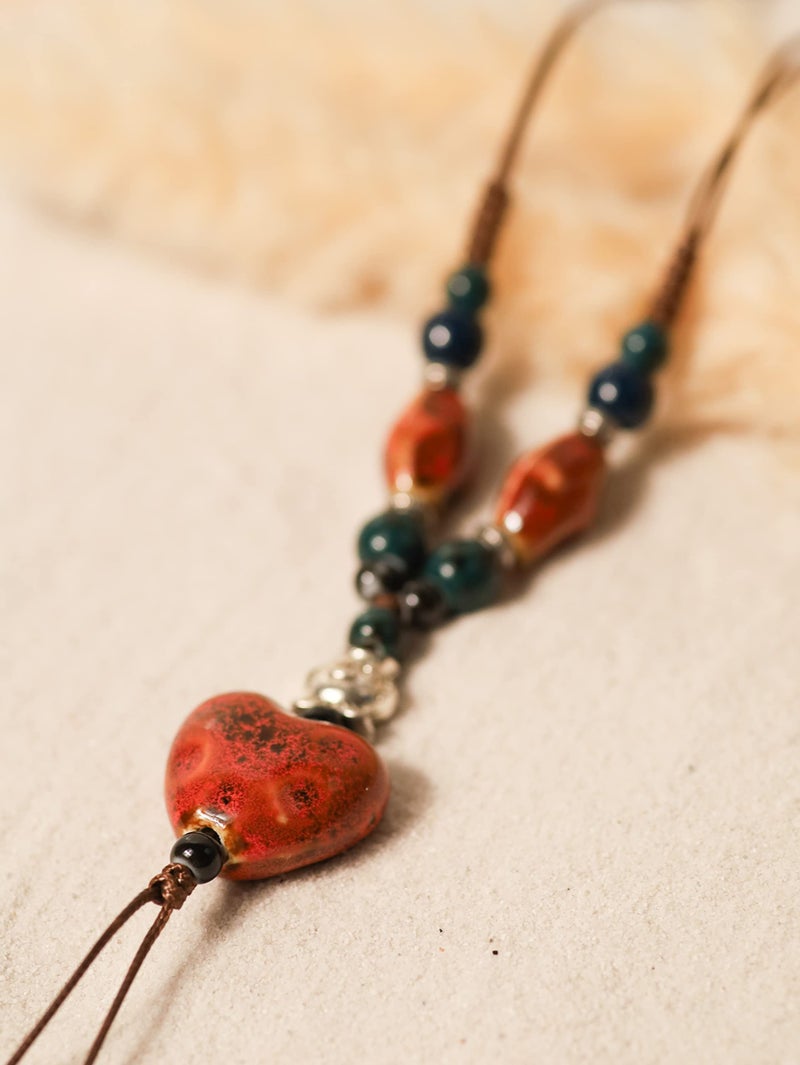 MINACHI Boho Hippie Colorful Ceramic Red Heart Bead Strand Necklace for Women Bohemian Jewelry Gift - Image 3