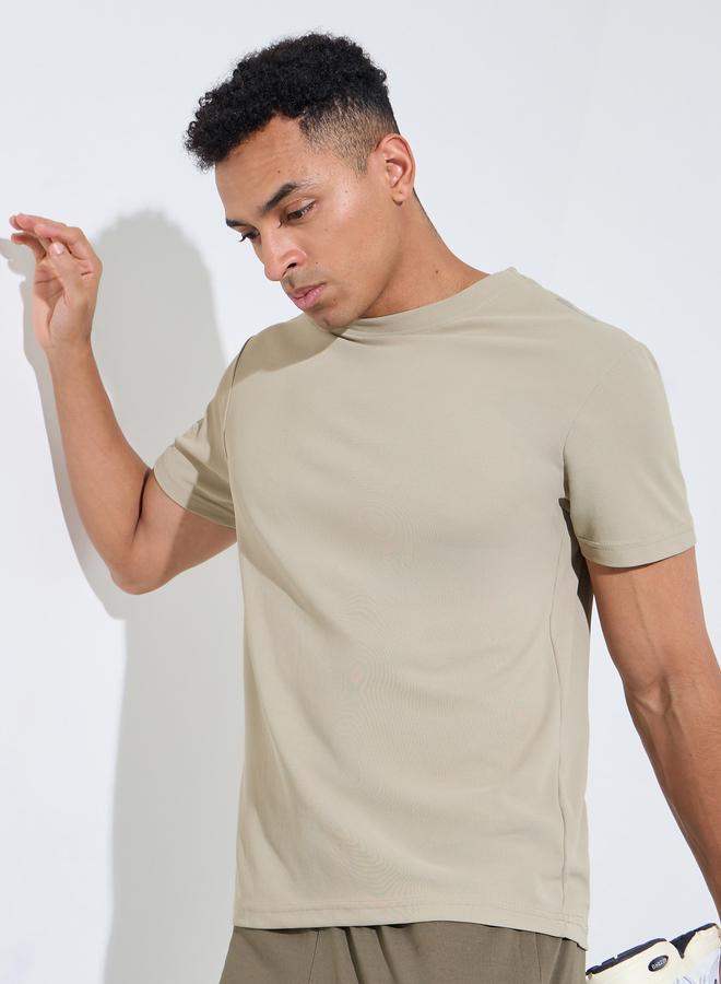 Styli Beige Solid Round Neck Short Sleeves Regular Fit Active T-Shirt - Image 1