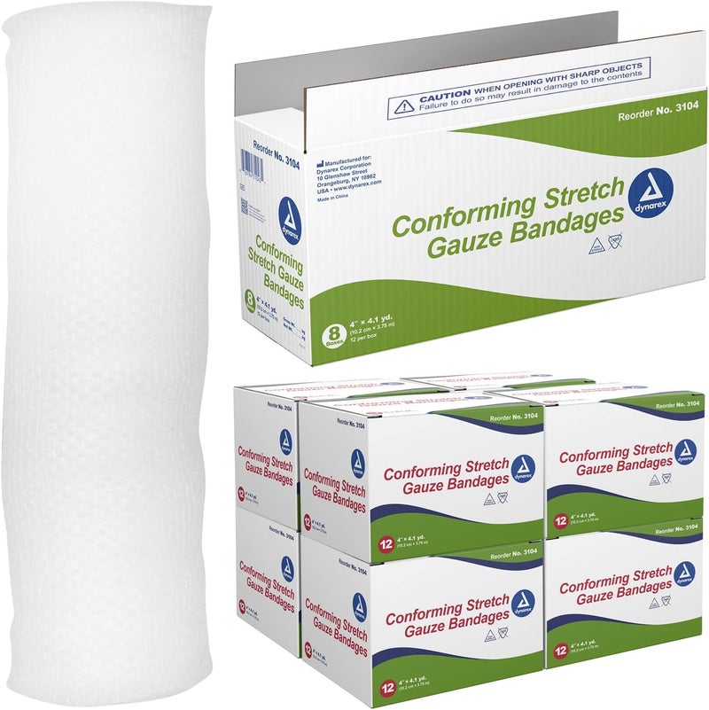 Dynarex Dynarex Stretch Gauze Bandages, 4" x 4.1 yds, Non-Sterile & Latex-Free, Provides Wound Care in Medical and Home Environments, Individually Rolled, 1 Case - 8 Boxes of 12 Bandages 