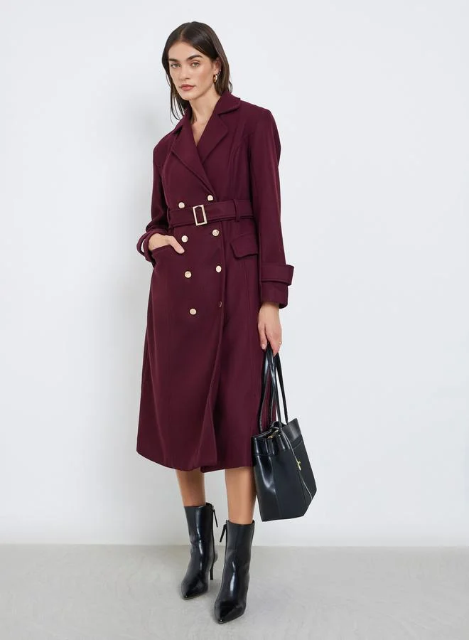 Styli Burgundy Double Breasted Knee Length Coat