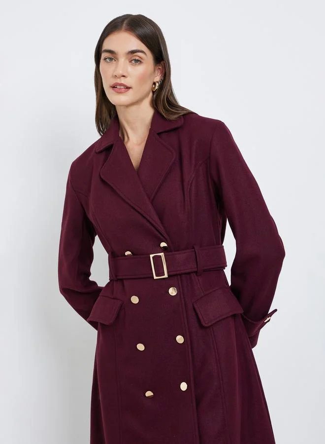 Styli Styli Burgundy Double Breasted Knee Length Coat