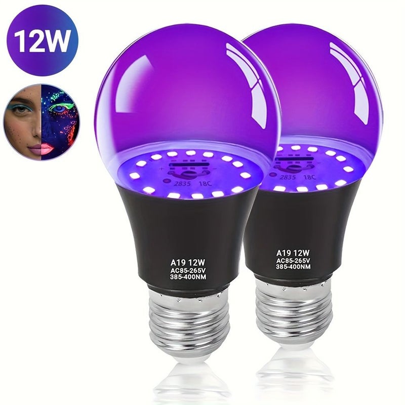12W لمبة إضاءة سوداء LED بأشعة UVA 385-400 نانومتر عبوة من قطعتين لديكور حفلات الهالوين المتوهجة - Image 2