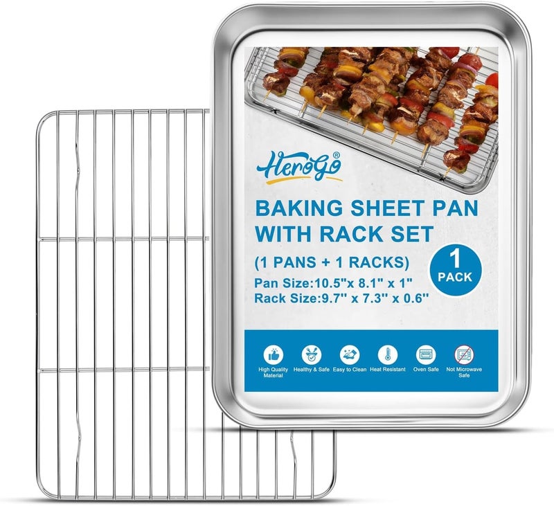 Herogo Small Baking Sheet with Wire Rack Set(1 Pans + 1 Racks), 10.5"x 8" x 1" Stainless Steel Cookie Sheet Bakeware Set for Oven, Nontoxic & Easy Clean - Image 1