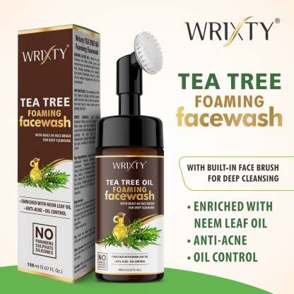 Wrixty غسول وجه رغوي من واكستي بشجرة الشاي مع فرشاة وجه مدمجة لتنظيف عميق معزز بزيت ورق النيم للتحكم في حب الشباب والزيوت للرجال والنساء 450 مل - Image 2