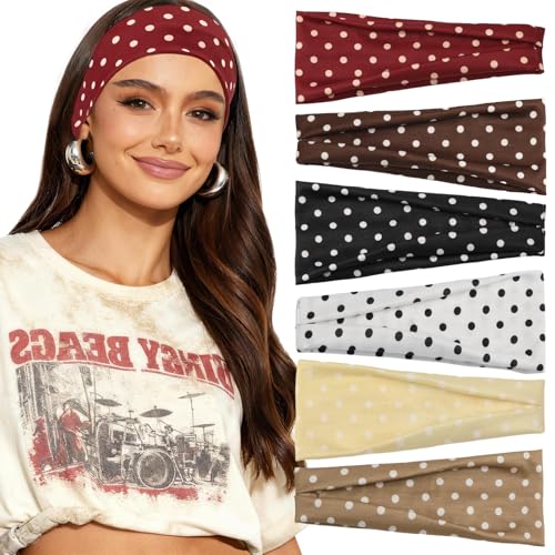 Tiefebene 6 Pack Polka Dot Headband for Women - Non Slip Elastic Floral Hairbands, Soft Fabric Hair Bands for Yoga Workouts, Breathable Head Bands for Hairstyles & Outfits - Image 1