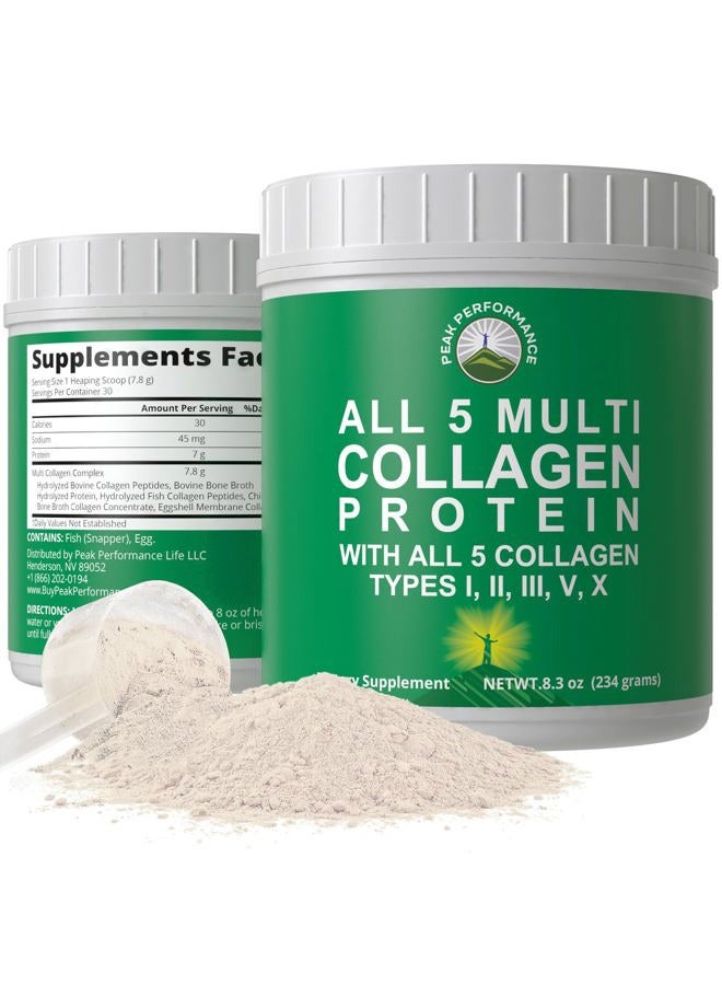 Peak Performance ALL 5 MULTI Collagen Protein Powder Peptides By Peak Performance. Multi-Collagen Contains All Types I, II, III,V, X Keto, Paleo Friendly With Hydrolyzed Bovine, Marine, Chicken, Bone Broth Collagens - Image 1