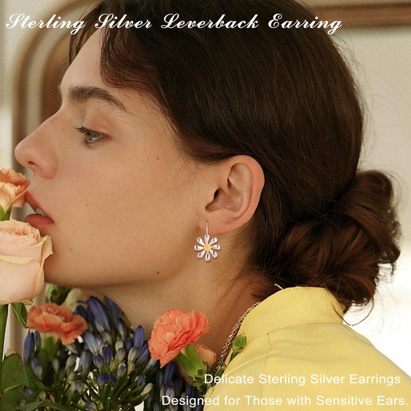 MILACOLATO 925 Sterling Silver Daisy Earrings 18K White Gold Plated Leverback Earrings Dainty Daisy Flower Drop Dangle Earrings Hypoallergenic Flower Jewelry Gifts for Women for Sensitive Ears-1 - Image 4