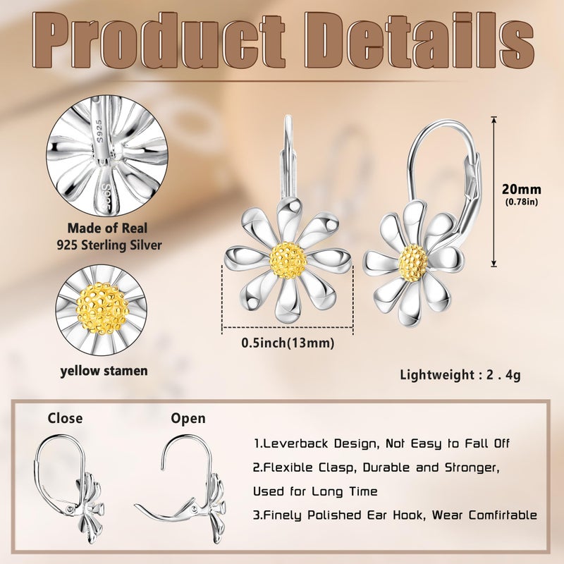 MILACOLATO 925 Sterling Silver Daisy Earrings 18K White Gold Plated Leverback Earrings Dainty Daisy Flower Drop Dangle Earrings Hypoallergenic Flower Jewelry Gifts for Women for Sensitive Ears-1 - Image 2