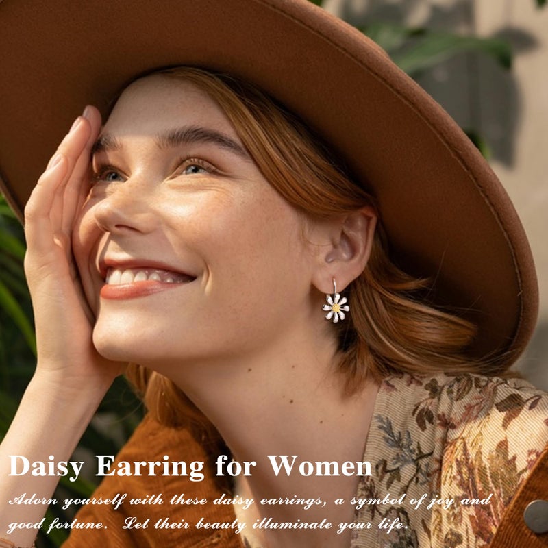 MILACOLATO 925 Sterling Silver Daisy Earrings 18K White Gold Plated Leverback Earrings Dainty Daisy Flower Drop Dangle Earrings Hypoallergenic Flower Jewelry Gifts for Women for Sensitive Ears-1 - Image 3