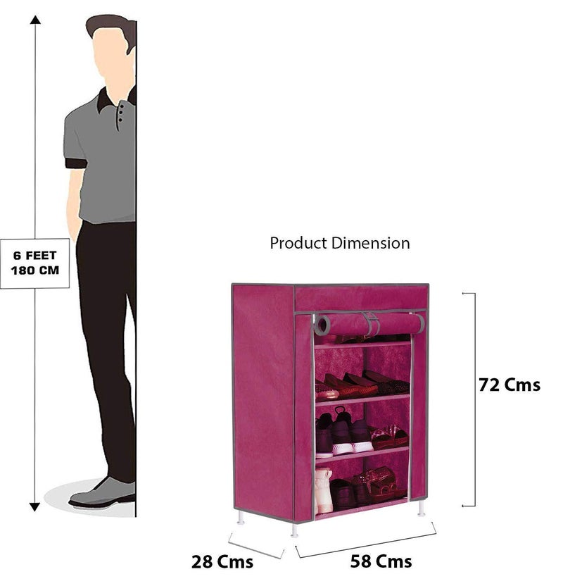 SIMSAN SIMSAN Store Organisers Plastic 4 Shelves Premium Multipurpose Storage Shoe Rack with Dustproof Cover Pink 4 shelf - Image 2