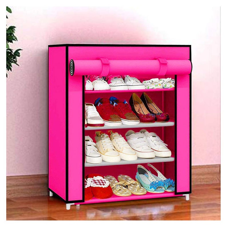 SIMSAN SIMSAN Store Organisers Plastic 4 Shelves Premium Multipurpose Storage Shoe Rack with Dustproof Cover Pink 4 shelf - Image 1