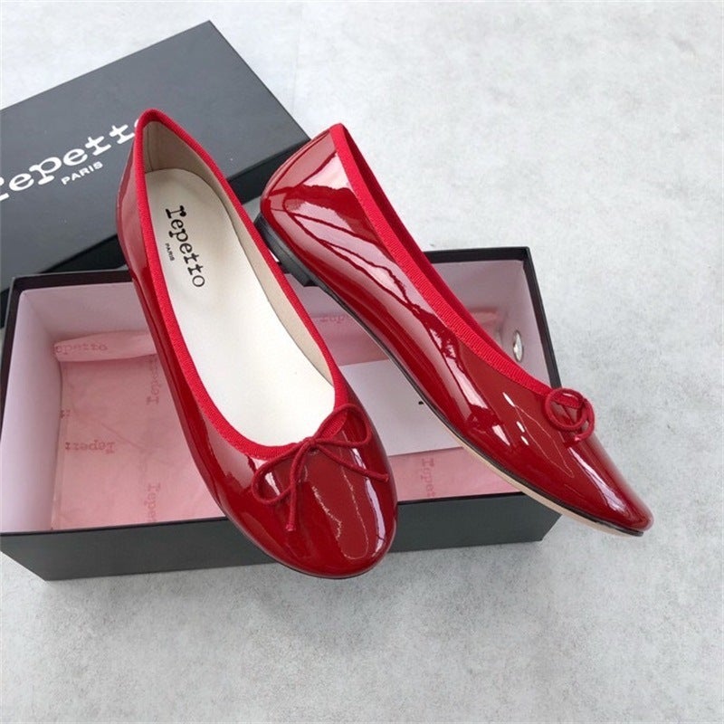 French Retro Patent Leather Little Red Shoes Niche Repetto Round Toe Ballet Shoes Flats Bow Pumps - Image 5