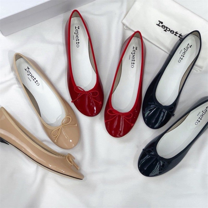 French Retro Patent Leather Little Red Shoes Niche Repetto Round Toe Ballet Shoes Flats Bow Pumps - Image 2