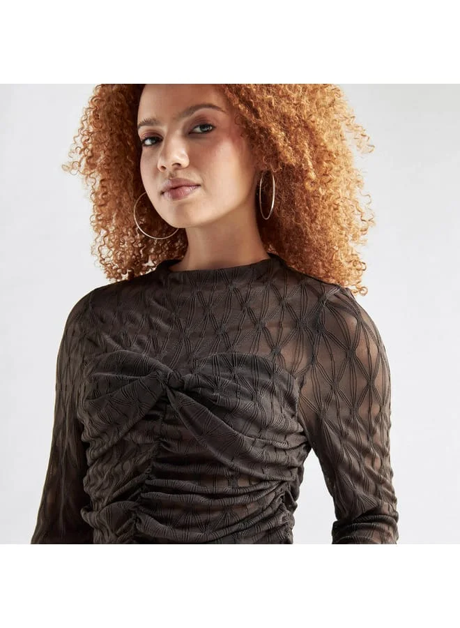 Splash FAV Textured Crew Neck Top with Ruched Detail and Long Sleeves