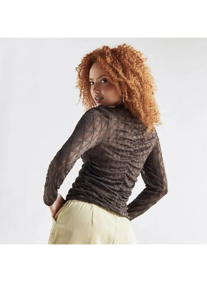 Splash FAV Textured Crew Neck Top with Ruched Detail and Long Sleeves