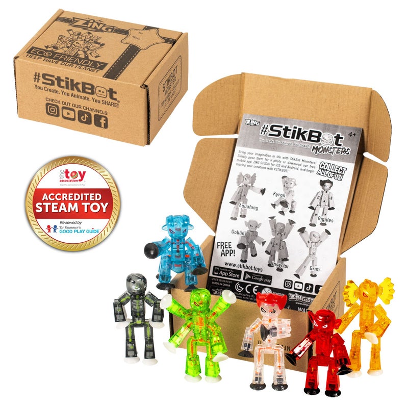 StikBot Zing Monsters, Complete Set of 6 Poseable Monster Action Figures, Includes Giggles, Goblin, Insector, Grim, Aquafang and Kyron - Image 2