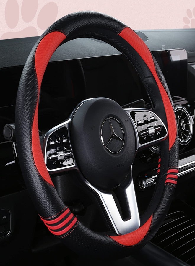 HighnessHwoo Car Steering Wheel Covers for Women Girl Padded Soft Carbon Fiber PU Leather Thin Cute Cartoon Auto Interior Accessories for Cars Sedan,Universal,Anti Slip,Red+Black,Standard Size[14"1/2-15"](37-38cm) - Image 2