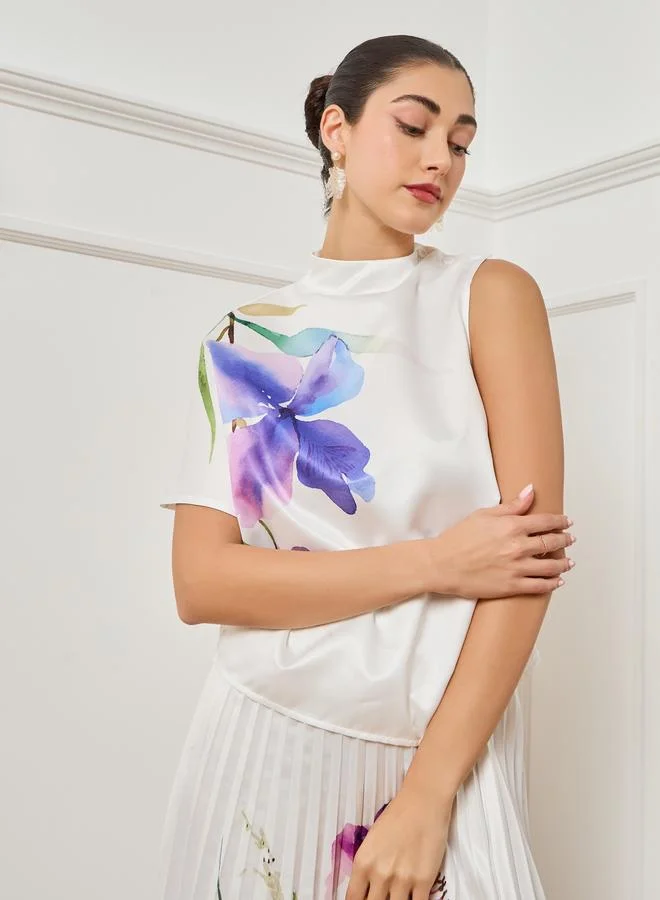 Women Off-White Floral Print One Sleeve Top