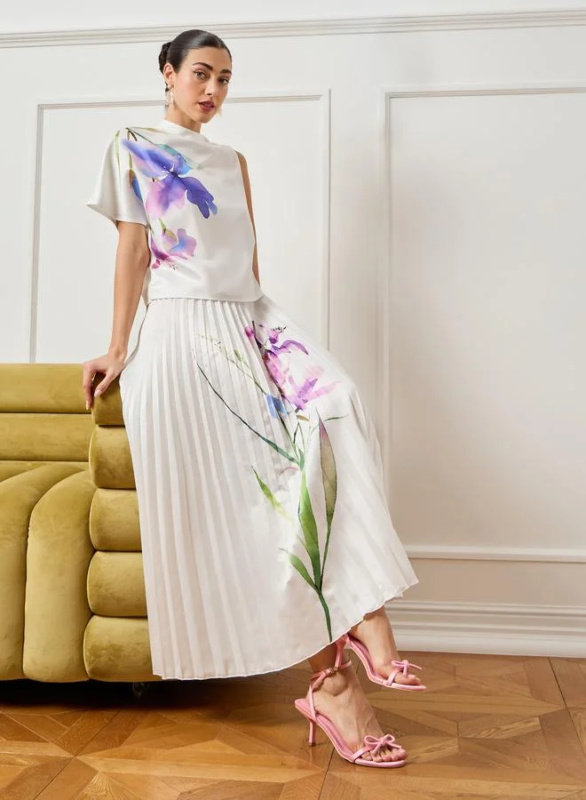 Styli  Women Off-White Floral Print One Sleeve Top for Women | Best Price UAE