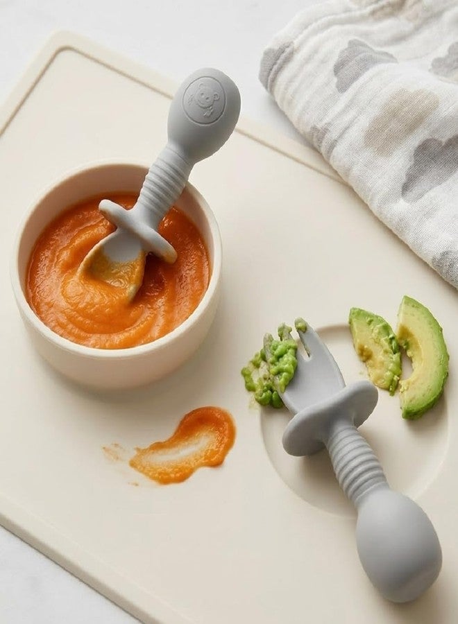 SKDBPM Baby Self Feeding Spoon and Fork Set, Silicone, Anti Choke Guard, Soft Training Utensils for Toddlers, Baby Led Weaning (Gray) - Image 3
