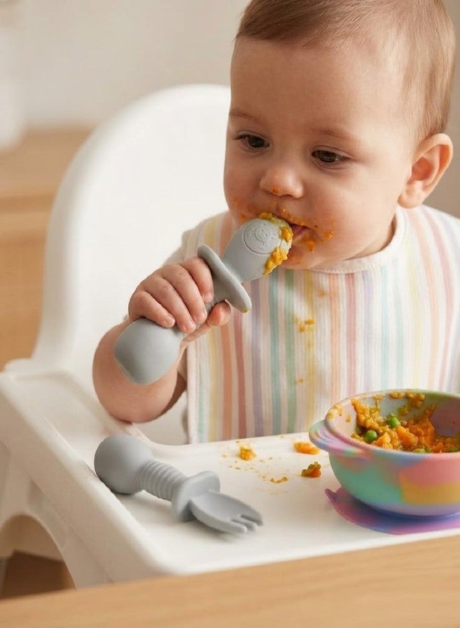 SKDBPM Baby Self Feeding Spoon and Fork Set, Silicone, Anti Choke Guard, Soft Training Utensils for Toddlers, Baby Led Weaning (Gray) - Image 2