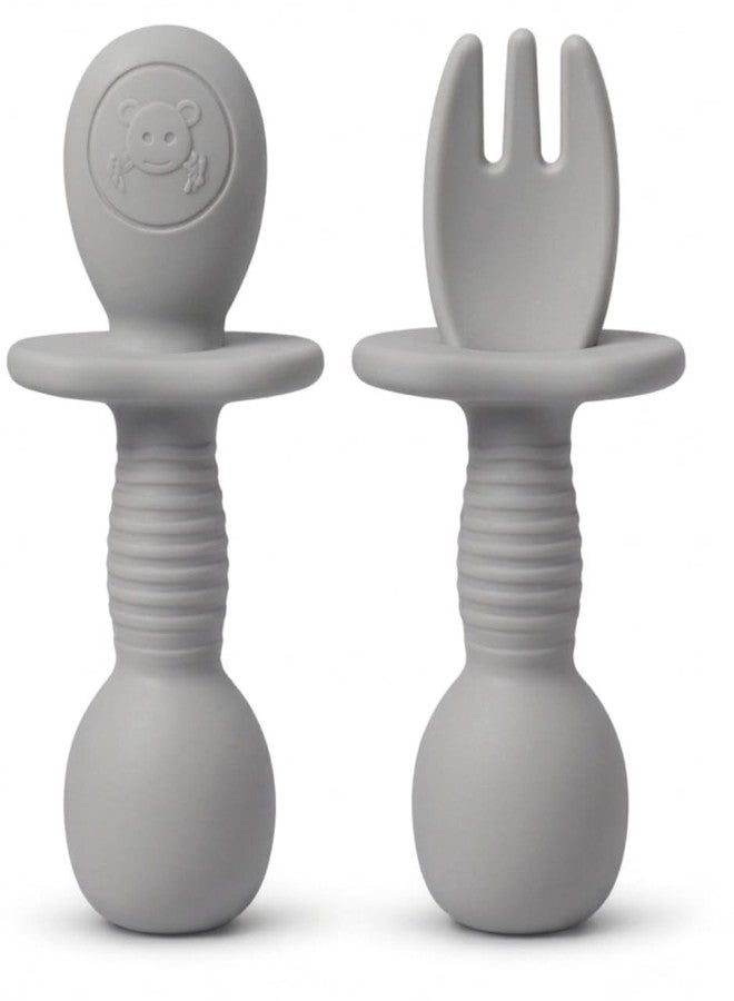SKDBPM Baby Self Feeding Spoon and Fork Set, Silicone, Anti Choke Guard, Soft Training Utensils for Toddlers, Baby Led Weaning (Gray) - Image 1