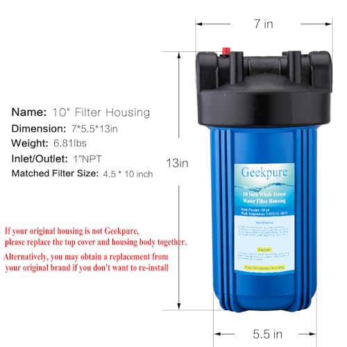 Geekpure 10-Inch Whole House Big Water Filter Housing-Fit for 4.5"x10"Filters -Blue-1 Inch Port (1) - Image 3