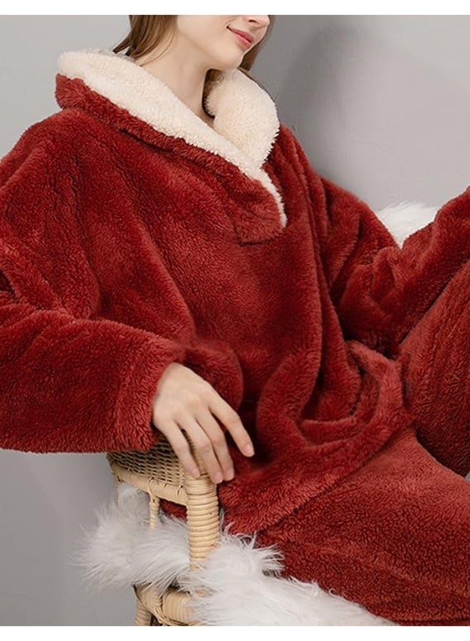 SKT Shiketro Women's Fleece Pajama Set: Fluffy and cozy, warm and comfortable. Sherpa fleece pullover pants with pockets. - Image 2