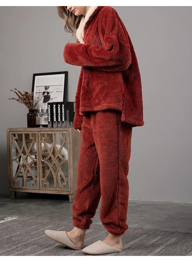 SKT Shiketro Women's Fleece Pajama Set: Fluffy and cozy, warm and comfortable. Sherpa fleece pullover pants with pockets. - Image 4