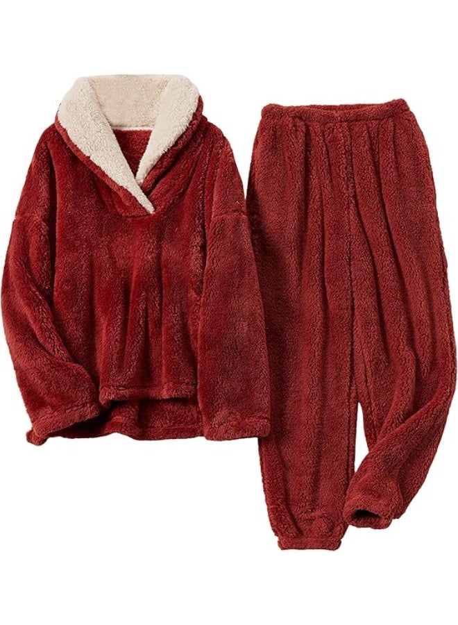 SKT Shiketro Women's Fleece Pajama Set: Fluffy and cozy, warm and comfortable. Sherpa fleece pullover pants with pockets. - Image 1