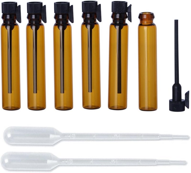 Enslz Enslz 100Pieces Amber Glass Mini Small Empty Perfume Sample Bottles Travel Refillable Aromatherapy Essential Oils Liquid Fragrance Sample Vials With Black Caps (1ml) 