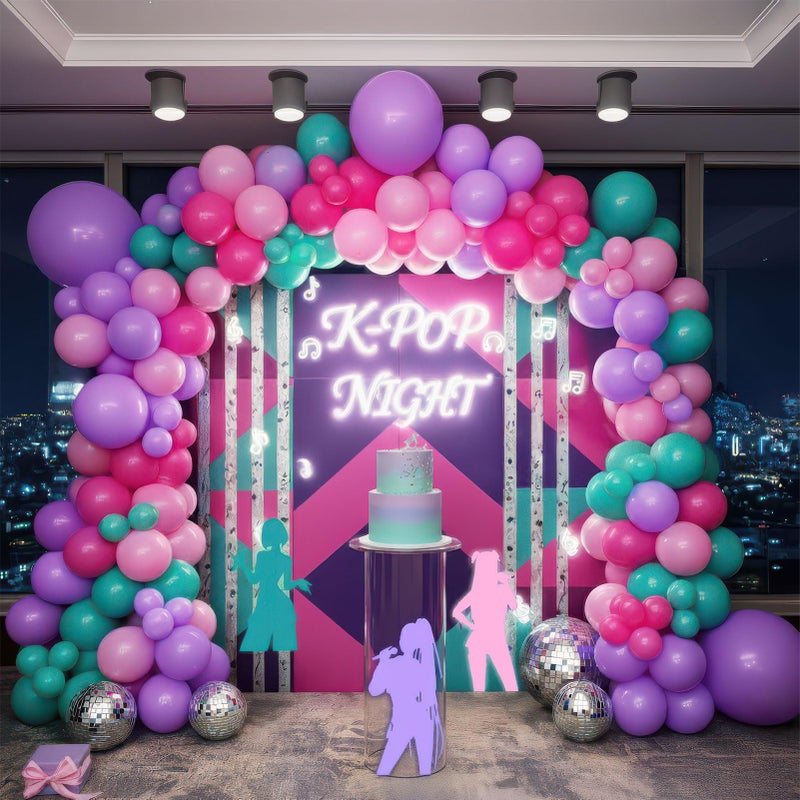 froufing KPop Music themed Birthday Decorations with Hot Pink Teal Purple balloon arch Artificial palm leaves for Girls Summer Tropical Hawaii music fans Prom Party Decorations - Image 2