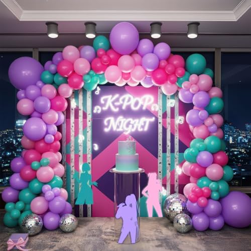 froufing KPop Music themed Birthday Decorations with Hot Pink Teal Purple balloon arch Artificial palm leaves for Girls Summer Tropical Hawaii music fans Prom Party Decorations - Image 1