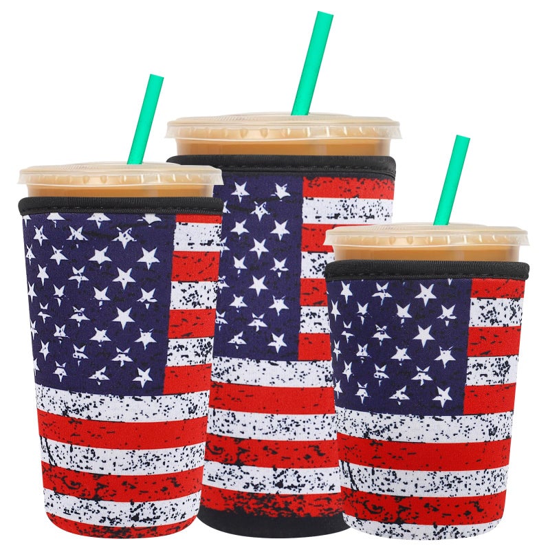 Amintiri 3 Pack Reusable Sleeve for Iced Coffee Cup  Coffee Neoprene Sleeve for Iced&Hot Drinks  Coffee Sleeve Compatible with Starbucks  Dunkin Coffee Cup. (Patriot Flag) - Image 1