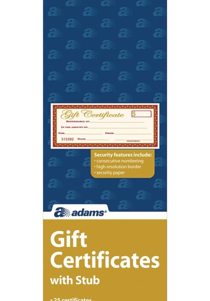 Adams 1-Part Gift Certificates with Stub - 25 Certificates, 3-1/4" x 7-13/16" - Image 1