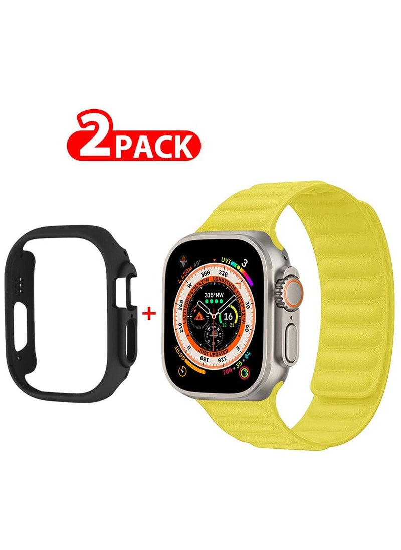 CATANES - 2 Packs For Apple Watch Band 49mm Leather Link Strap Magnetic Loop Bracelet and Black Case Holder Light Yellow - Image 1